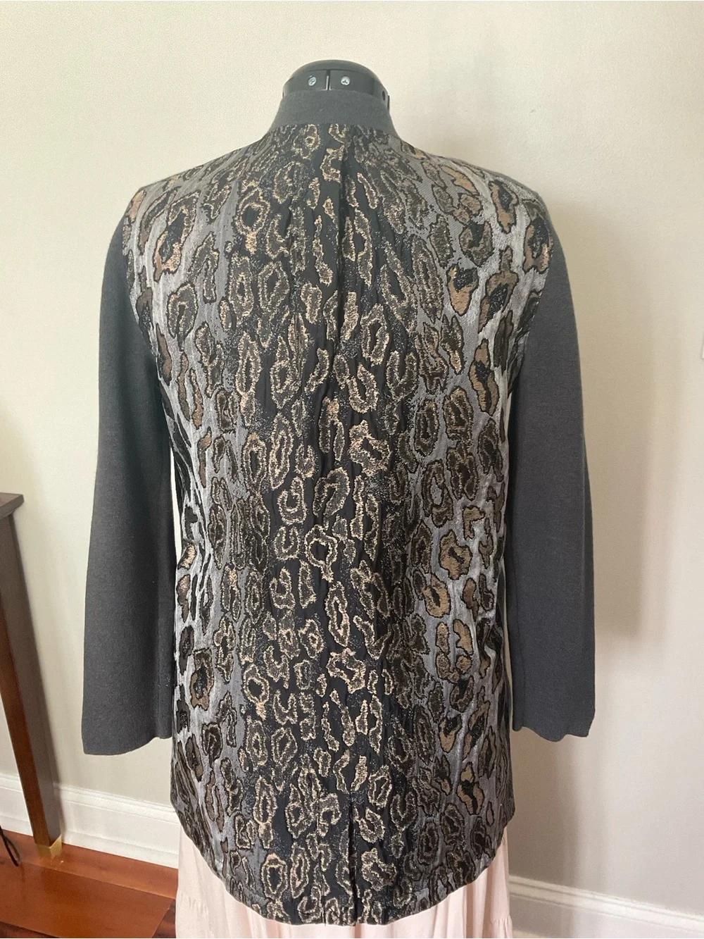 Chico's Black and Taupe Leopard Jacquard Cardigan with metallic accent